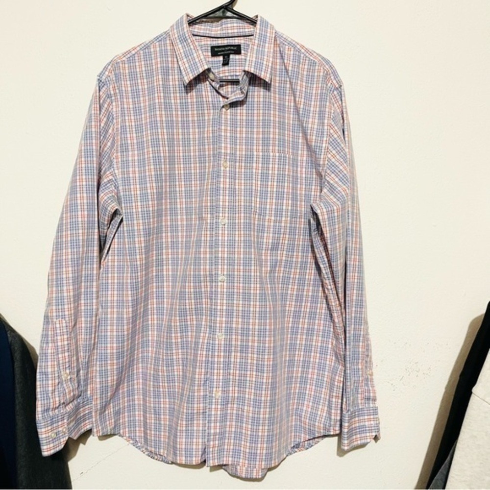 Banana Republic Non-Iron Tailored Slim Plaid Button Down Shirt XL Blue/Orange